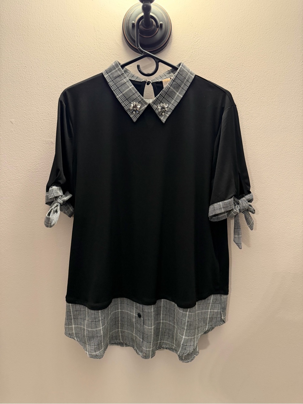 Misia Womens Black Plaid Mixed Media Top Embellished Collar Tie Sleeve Large